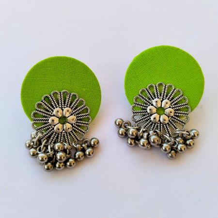 Lime Green Flower Silver Ghungroo Studs Earrings